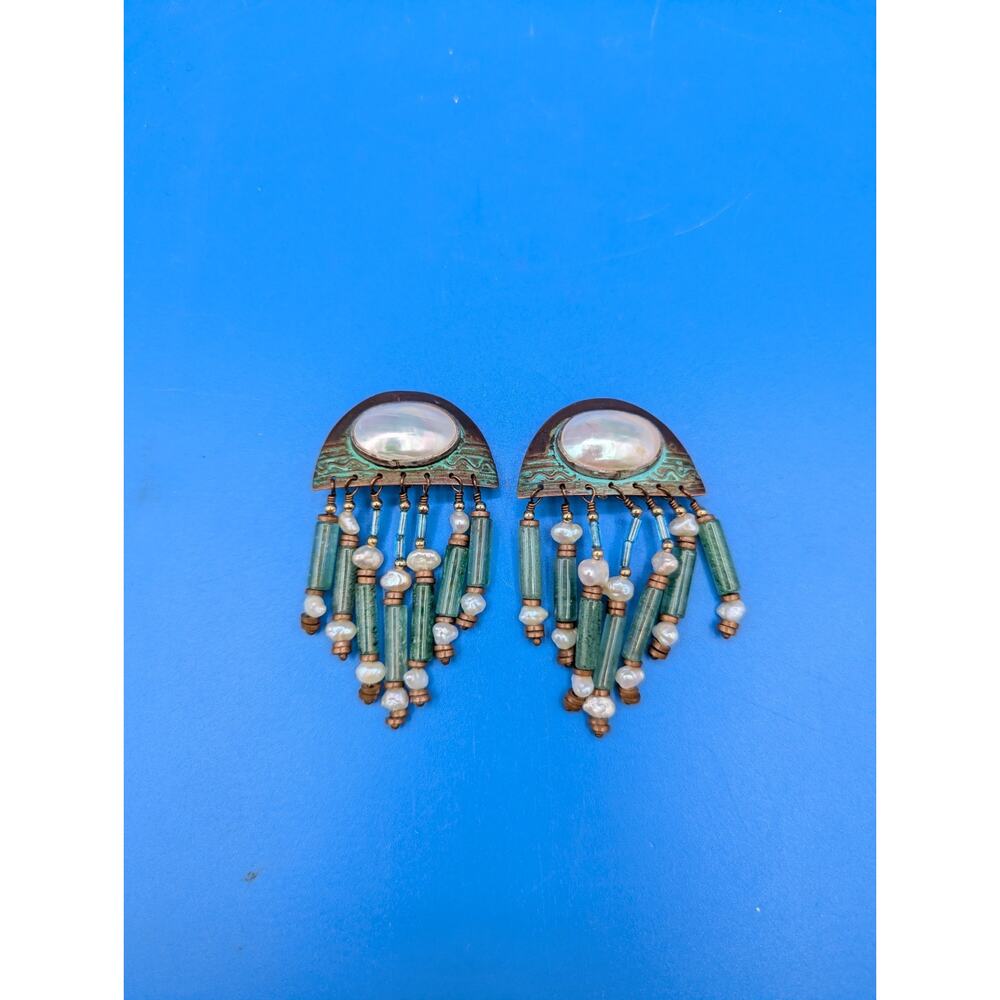 Tabra vintage earrings; turqoise color/copper and pearl